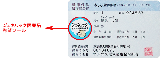 「ジェネリック医薬品希望シール」を保険証に貼付した場合の例