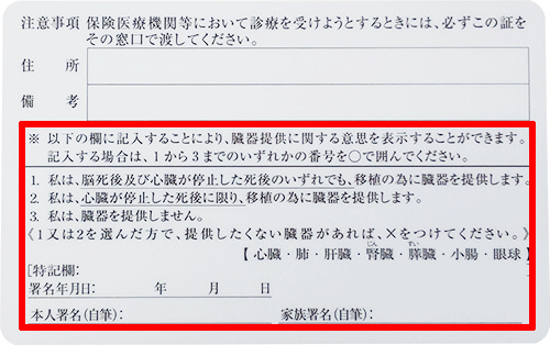 保険証裏面の「臓器提供意思表示欄」